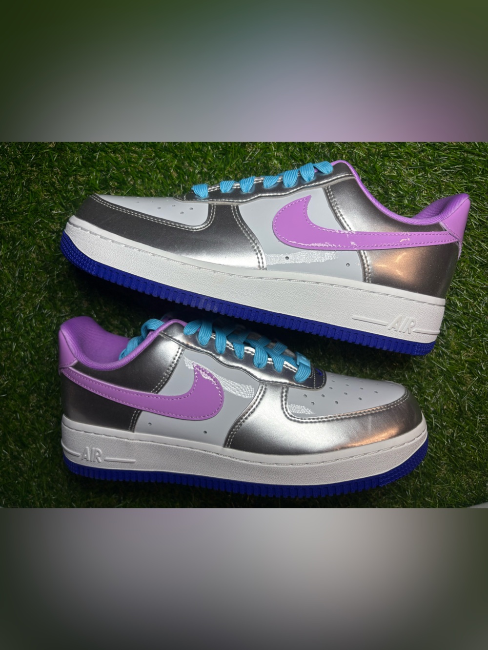 Nike Air Firce 1 Metallic Silver Sneakers with White, Purple and Blue